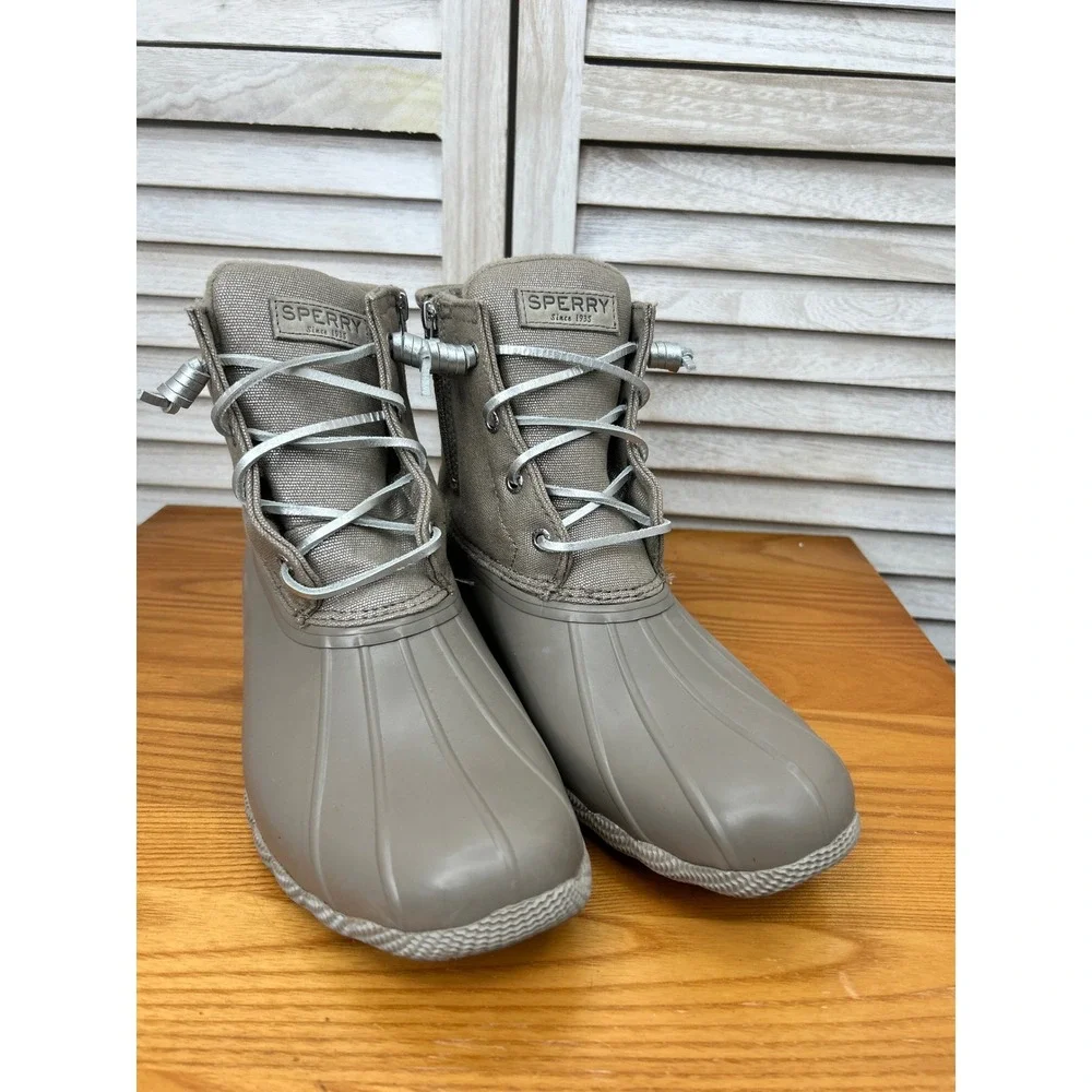 Sperry Saltwater Duck Boots 10 Taupe Grey Womens Rain Winter